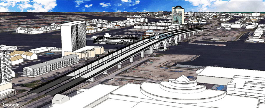 A digital rendering of an elevated railway passing through an urban area with multiple buildings and a few high-rises under a partly cloudy sky.
