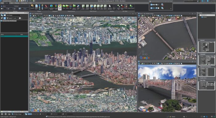 A computer screen displays 3D satellite maps of New York City, including aerial and street-level views of Manhattan and the Brooklyn Bridge, within geographic software.