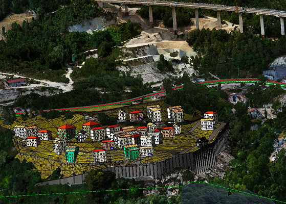 Aerial view of a forested hillside with a digital overlay, created using CAD software like MicroStation, showing proposed building structures and infrastructure, including roads and retaining walls.
