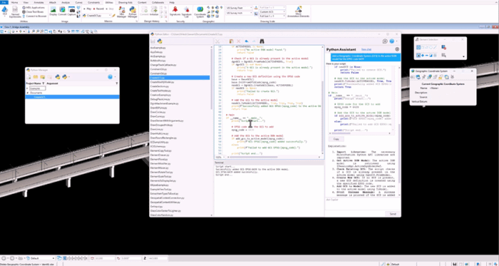 Screenshot of a 3D modeling software showing a script editor with Python code, an object properties window, and a rendered bridge model in the main workspace.